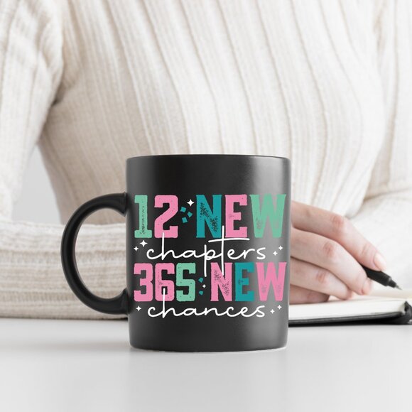 12 New Chapters, 365 New Chances Mug - Black Ceramic, Inspirational Quote - Picture 3 of 4